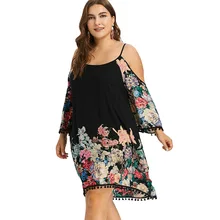 Женское летнее платье, шифоновое, с заплатками, с кисточками, размера плюс, большой размер, свободный крой, камзол, с открытыми плечами, цветочный принт, Пляжное Платье
