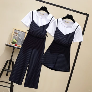 

Women Summer 3 Piece Sets Shorts Suits Plus Size White T-shirt Striped Spaghetti Strapless Tops And Shorts Suit Outfits 2020