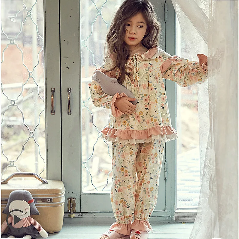 Cute Spring Children Cotton Floral Pajama Set Vintage Toddler Kid Flowers Pyjamas Set Nightwear 11T kids clothing set kids pajamas set kids pajamas pajama sets