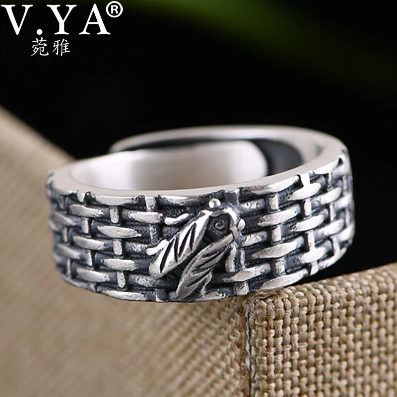 

V.YA Real 990 Thai Silver Cicada Ring Weave Texture Women Vintage Opening Rings Ethnic Engraved Cicada Ring Silver Jewelry