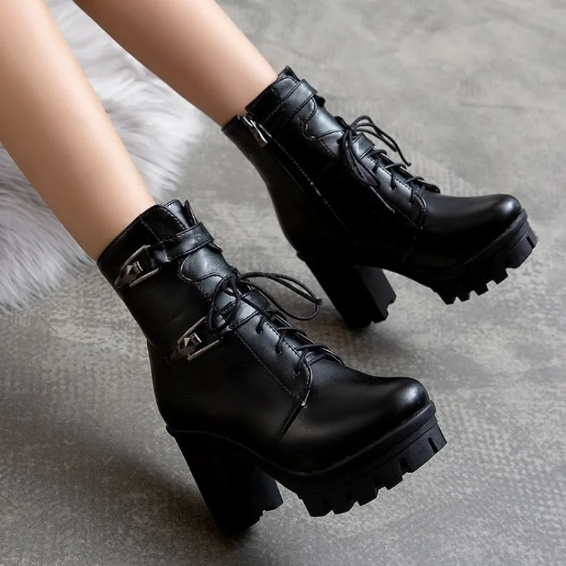 

US4-11 Womens Platform Ankle Boots Belt Buckle Lace Up Side Zip Block Chunky High Heel Warm Winter Punk Motocycle Shoes 3Colors