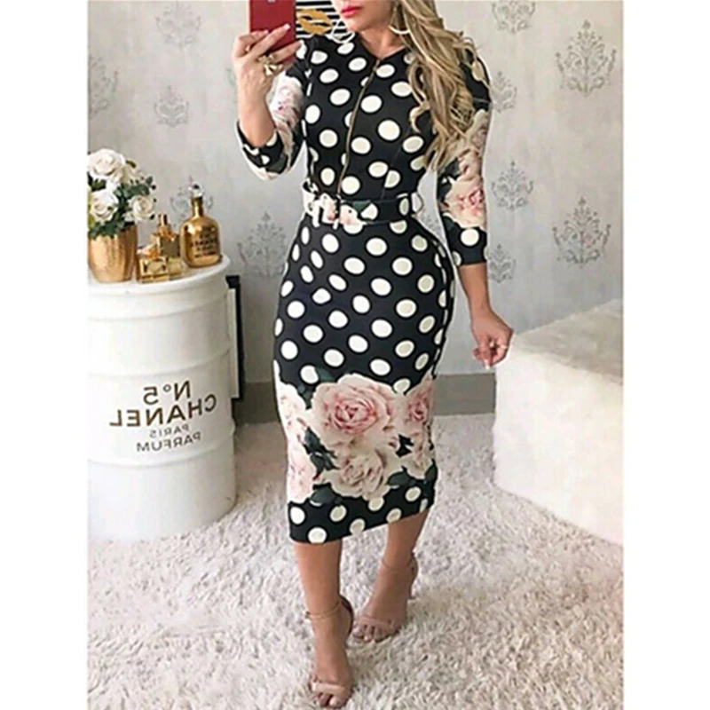 

New Spring Autumn Vintage Dress for Women Polka Dot Floral Skinny Midi Dress Long Sleeve Zip Casual Dresses Vestidos Plus Size
