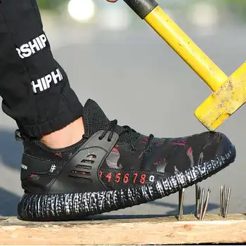 

New 2019 men breathable steel toe cap safety shoes men outdoor non-slip steel puncture protective construction boots work shoes