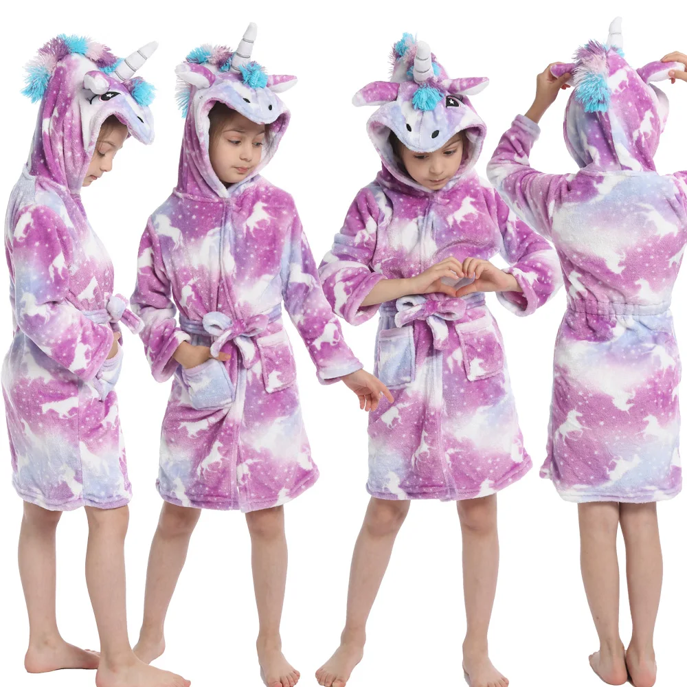 Girl Robes for Kids Winter Bathrobe Unicorn Pajamas Rainbow Pink Purple Sleepwear Girl's Dressing Gown Flannel Hooded Towel Robe baby robe and slippers Sleepwear & Robes