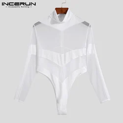 INCERUN 2021 Men's Sexy Leisure Jumpsuit Breathable Mesh Solid Color All-match Onesies Comeforable Long-sleeved Bodysuits S-5XL
