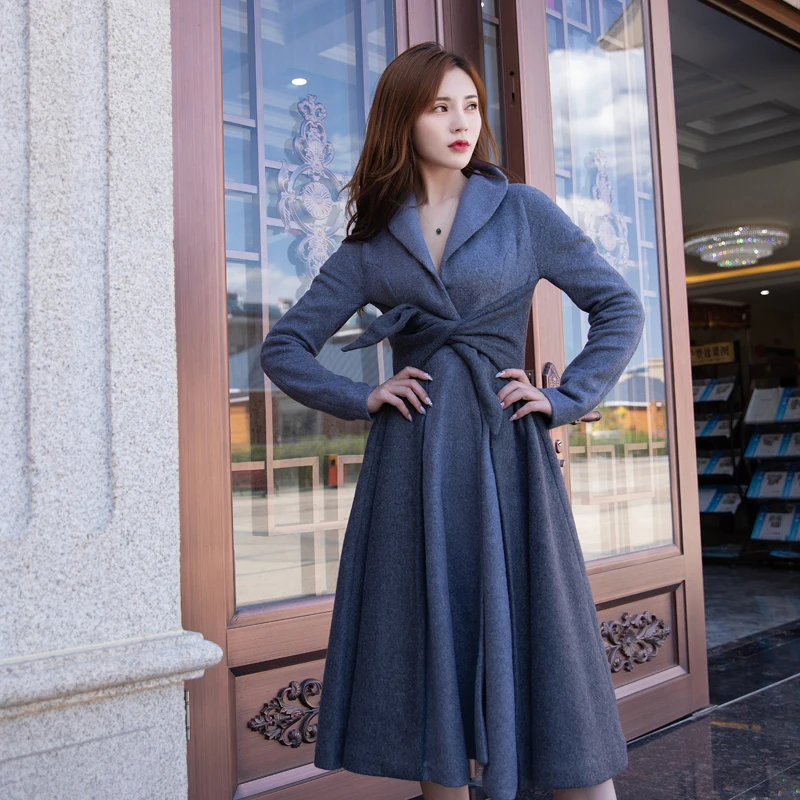 

Elegant vintage gray stitching slim fashion casual dress Lap top autumn winter Top ladies windbreaker style