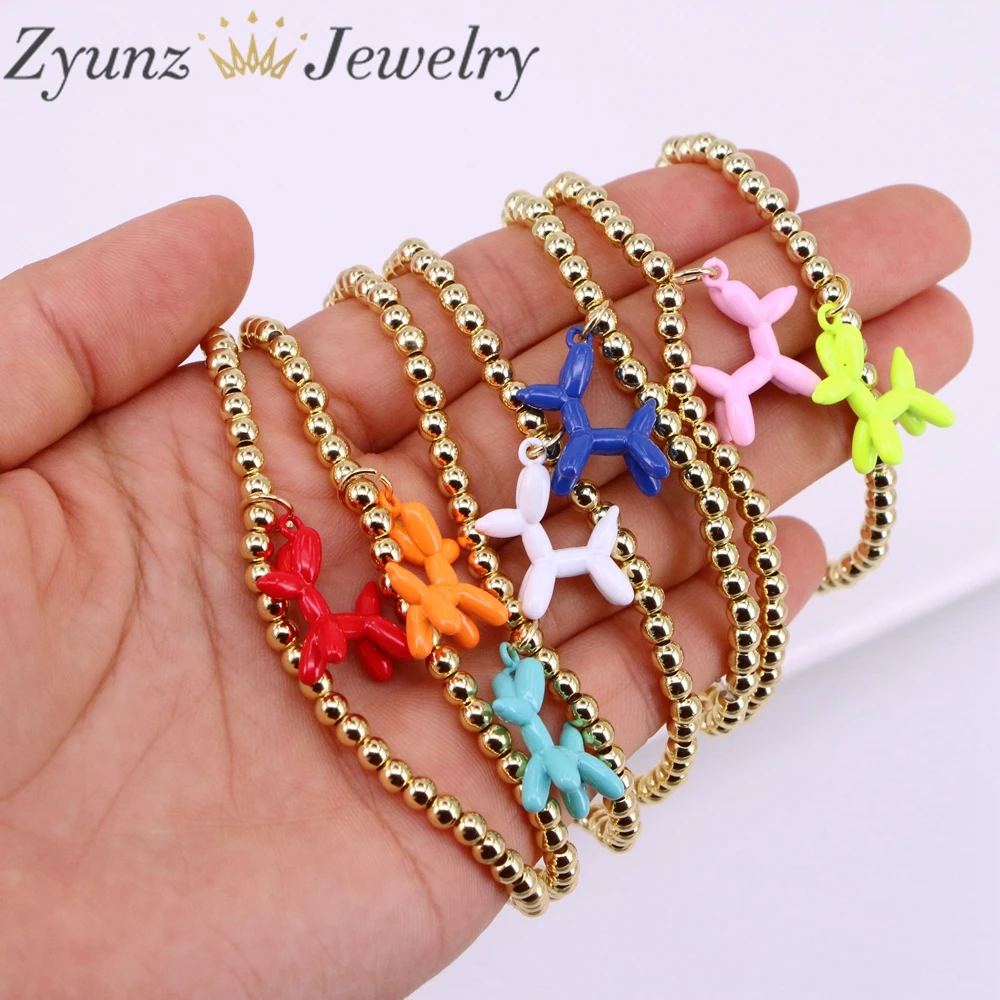 

10PCS, Neon Color Enamel Balloon Dog Bracelet Charm Stretch Stacking Gold Beads Bracelet Woman Girl Gift