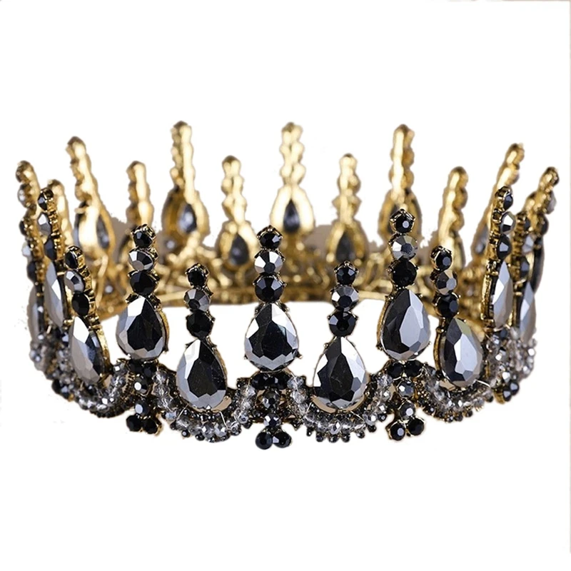 

Baroque Black Crystal Tiaras Bridal Large Round Crown Wedding Hair Accessories