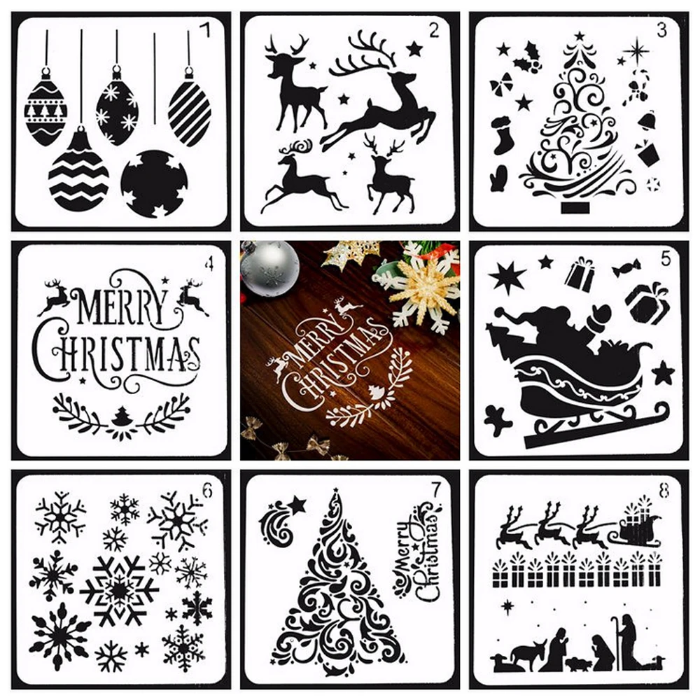 

8 Sheets Merry Christmas Reusable Painting Drawing Stencils Templates for Kids Adults Scrapbooking DIY Project Craft Photo Album