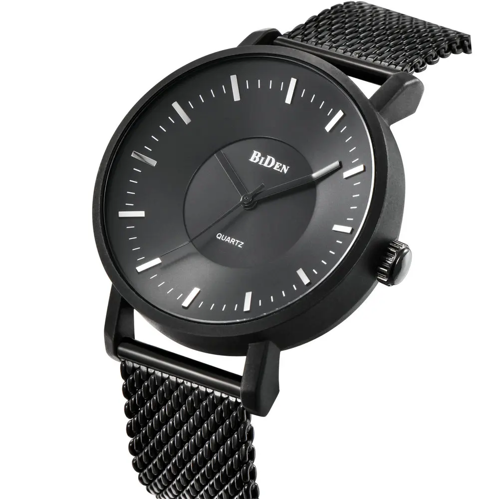 

BIDEN Fashion Casual Watch Waterproof Quartz Luxury Brand Watches for Men Black Mesh Strap Simple Ultra Thin Style Wristwatches