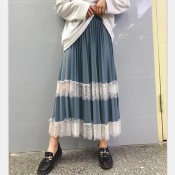 

Woman Long Pleated Skirt 2020 New Spring Autumn Lace Patchwork Elastic High Waist A Line Skirt Sweet Girls Skirt Faldas