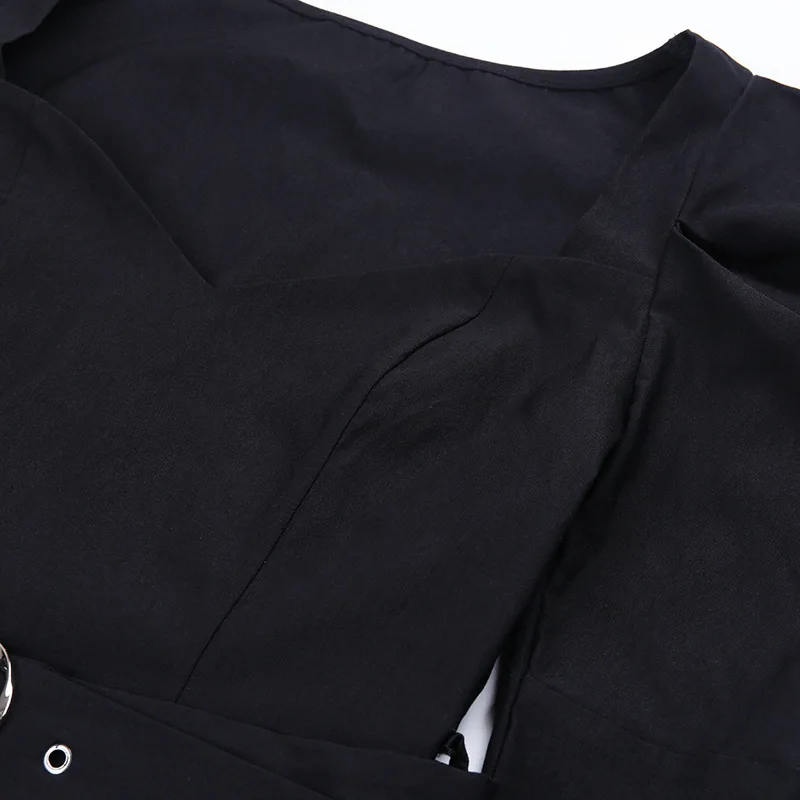 DEAT осень зима Длинное Пышное черное платье с v-образным вырезом и высокой талией с поясом для женщин MH166