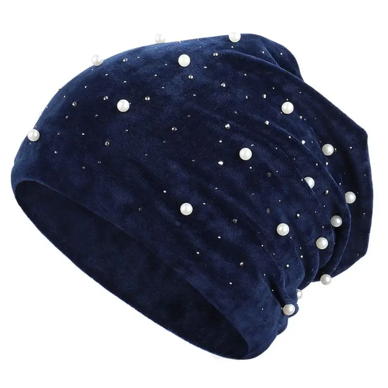 Faux Pearl E KLV для женщин Skullies зимние бархатные шапки бини мягкие теплые блестящие жемчуг стразы шапки - Цвет: Faux Pearl E