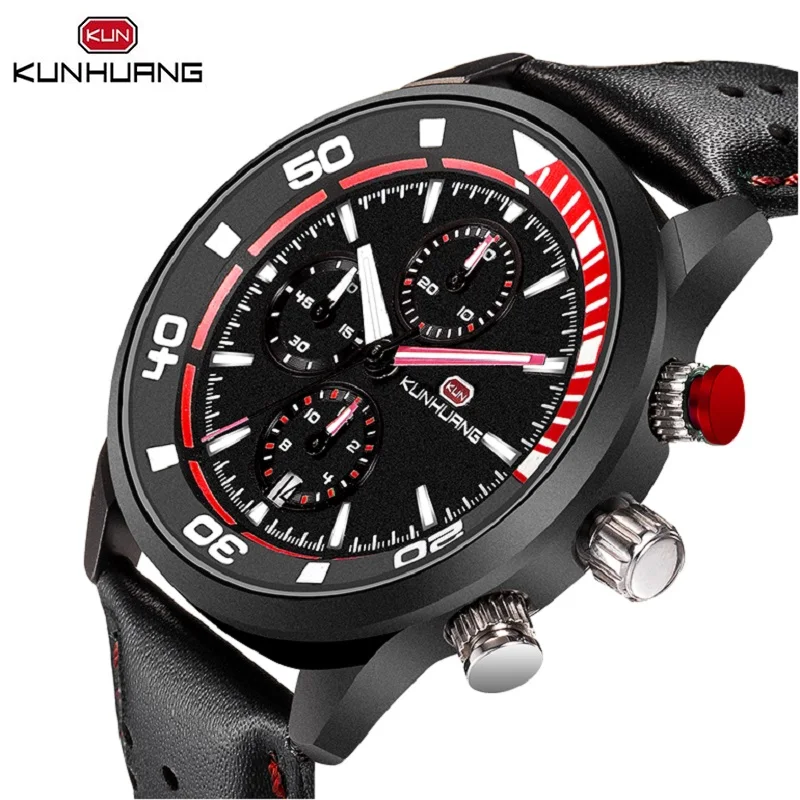 

Fashion Casual Men's Sport Watch Black Red Multifunction Calendar Stopwatch Genuine Leather Wristwatch Quartz Clock Reloj Hombre