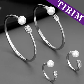 

Wedding Jewelry Sets Big Pearl cubic zircon Multilayer opening Bracelet Bangle Rings Set For Women Gold Plating Adjustable