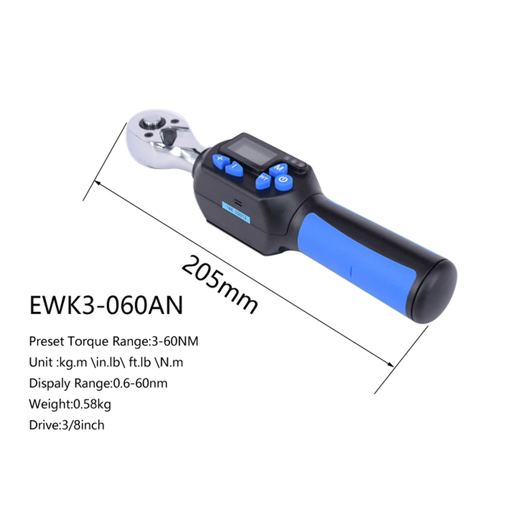Цифровой Динамометрический ключ 1/4DR 3/8 1/2 Профессиональный регулируемый электронный крутящий момент гаечный ключ велосипед ремонт автомобиля крутящий момент инструмент - Цвет: EWK3-60AN