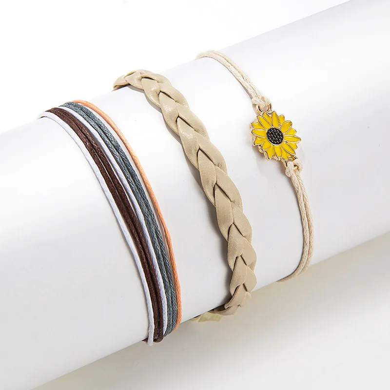

3 Pcs/set New Fashion Bracele Matel Flower Rope Chain Multilayer Leather String Weaving Bracelet for Women Handmade Jewelry 2020