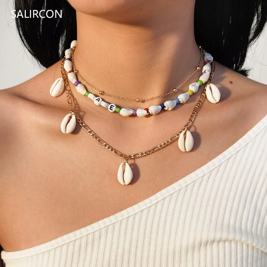 

Salircon Bohemia Conch Shell Pendant Layered Necklace Fashion Punk BABE Letter Choker Gold Color Necklace Set Women Neck Jewelry