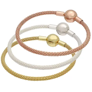 

New 925 Sterling Silver Bangle Rose Gold Snake Chain Basic Ball Clasp Mesh Bracelet Bangle Fit Women Bead Charm Fine Jewelry