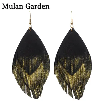 

M&G Three Layers Gold Tassel Genuine Goat Leather Earrings Women Nature Fashion Feather Elegant Dangle Earrings Jewelry Leather