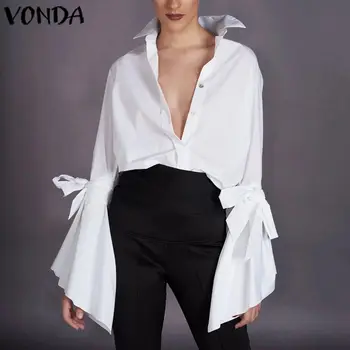 

VONDA Bohemian Blouses 2020 Women Sexy V Neck Long Lantern Sleeve Shirts Party Bohemian Tops Loose White Black Blusas S-5XL