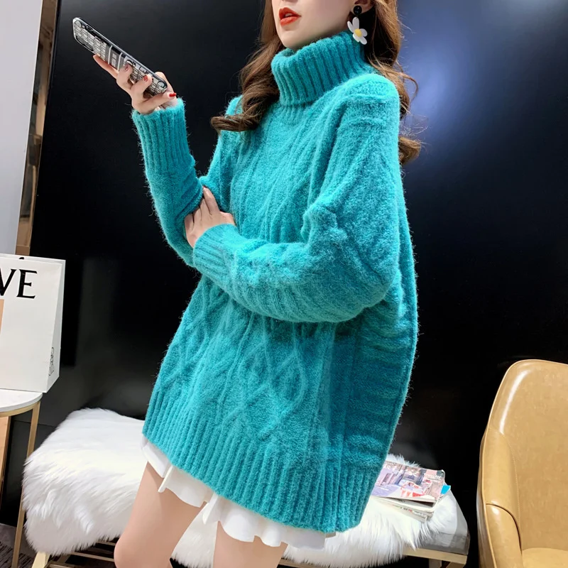 

PEONFLY Mid-length Oversized Winter Turtleneck Sweater Women Loose Long Sleeve Knit Pullover Sweater Female Outwear Jumper