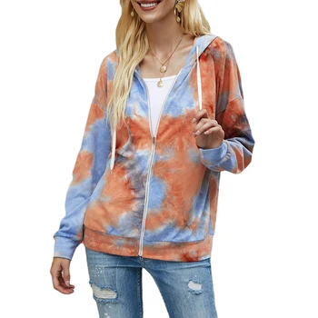 

Women Coat Elegant Fashion Tie Dye Printed Slim Zipper Turn-down Collar Hooded Collar Full Length Regular Sleeve Coat