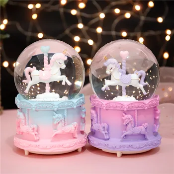 

Cute Cartoon Unicorn Music Box Snow Globe with Snowflake Luminous Gifts for Girls Women Home Decoration Accessories