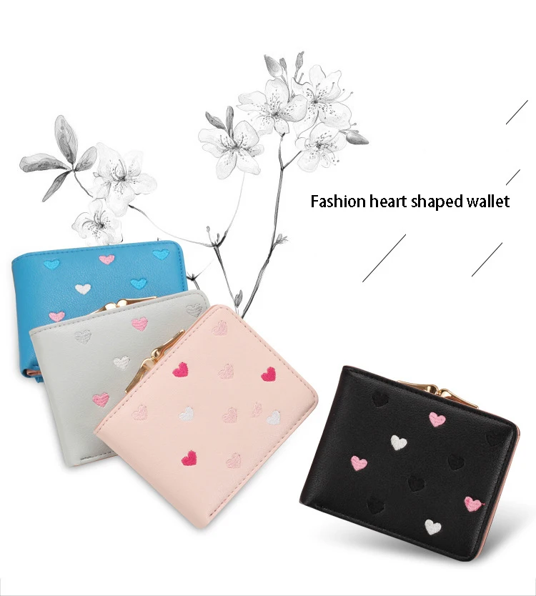 Japanese Multi-function Women's Mini Wallet Candy Color Heart-shaped Embroidery Women Short Wallet Cute Coin Purse Card Package