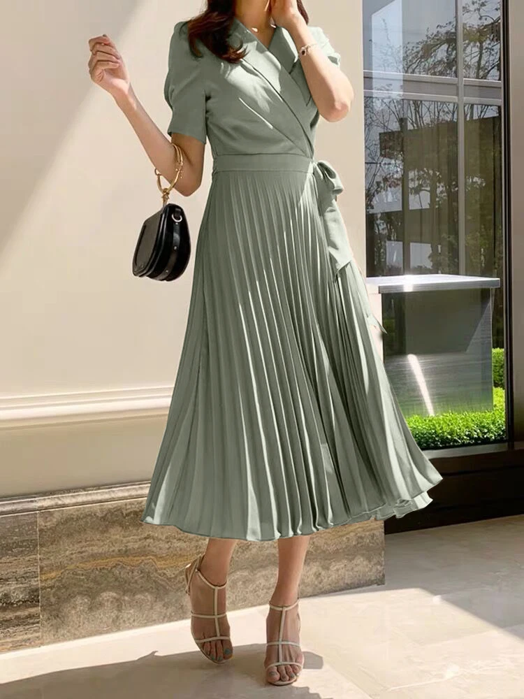 Korean Short Sleeve Pleated Women Dress Office Ladies Lace Up Notched Blazer Dress Adjustable waist Midi Dress 2020 Summer New