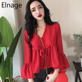 

Elnage Lace V-neck Chiffon Shirt Black Off Shoulder Flare Long Sleeve Tops Spring Summer Solid Red Clothes Fashion 5A229