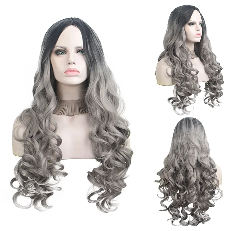 Peluca ondulada de 22 pulgadas para mujer, peluca Sexy de color gris y plateado, fibra química de seda de alta temperatura, pelo sintético Natural de permanente, pelucas de fiesta para Cosplay