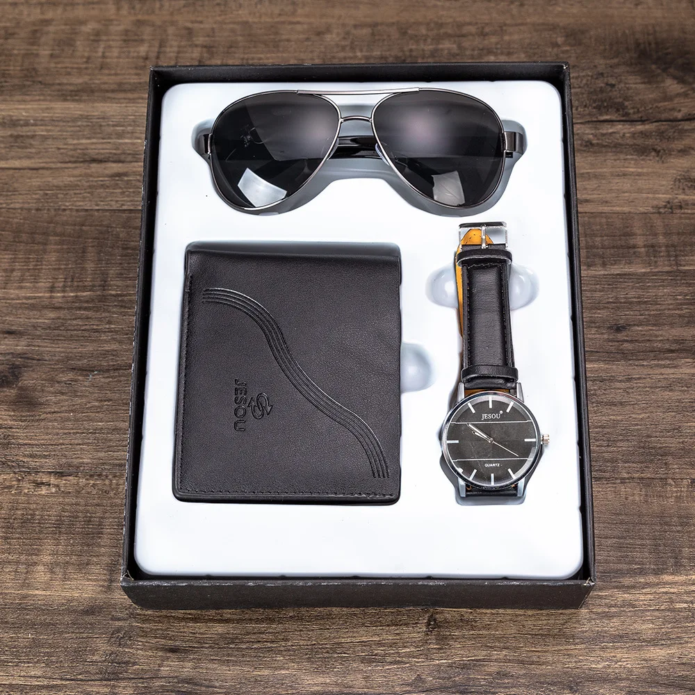 Mens Watches Minimalist Quartz Wrist Watch Card Holder Watches Sungalsses Men Gift Set Watch for Dad Husband Boy friend - Цвет: Black Sets