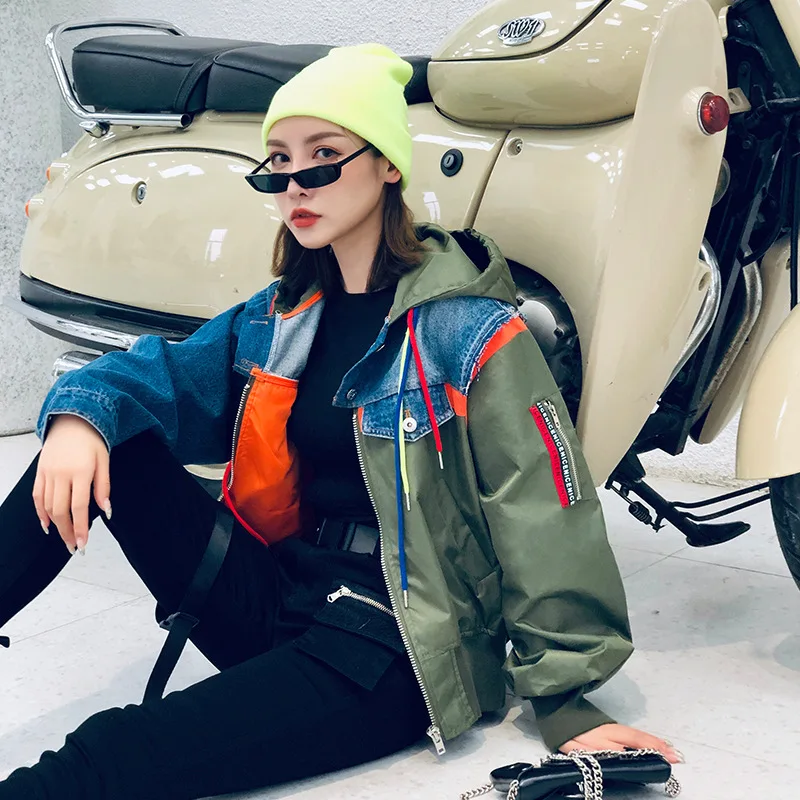 Орел наклейки на джинсы бомбер куртки женские Harajuku куртка панка с капюшоном армейский зеленый бомбер бейсбольный жакет Модные женские пальто SA335S30