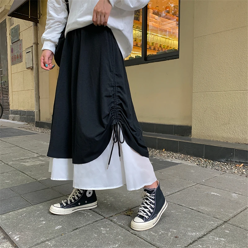 

2020 Autumn Winter Black White Patchwork Skirt Women Fashion Japanese Style Contrast Color Drawstring Midi Skirt Jupe High Waist