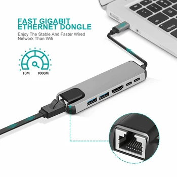 

Aluminum alloy 4K HDMI USB 3.1 Type-C Hub PD Charging 6 in 1 Adapter High Speed Data Transfer USB-C Expander RJ45 Gigabit Ethern