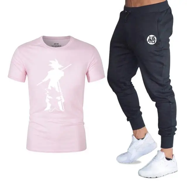 pink Мужской спортивный комплект, хлопковая спортивная одежда с принтом, Мужская футболка, летняя брендовая спортивная одежда - Цвет: pink