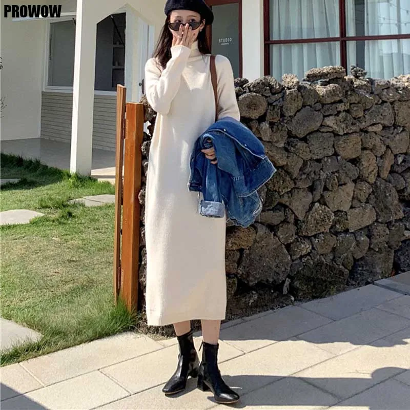 

2020 One-Piece Korean Sweater Knitted Dress Woman Casual Plus Size Loose Dress Winter New French Vintage Long Sleeve Knit Dress
