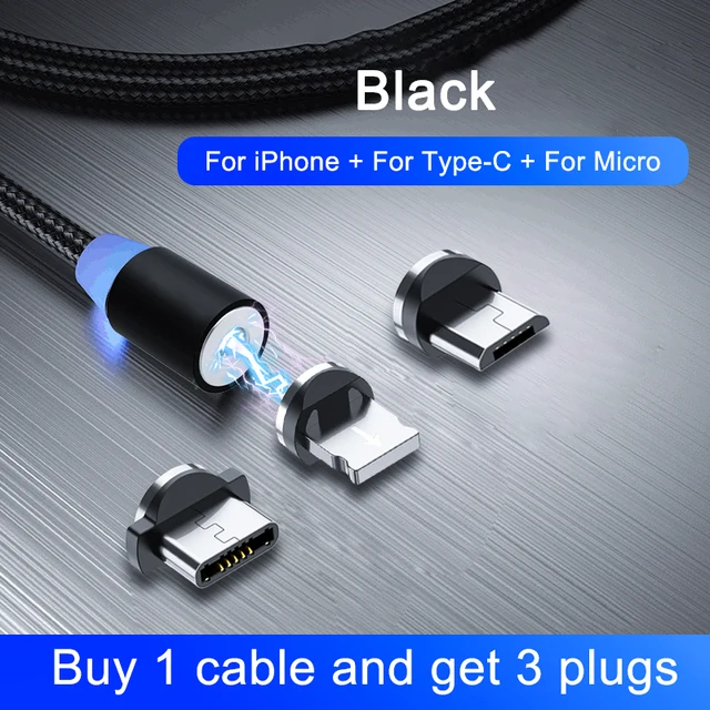 OKZ 2M Magnetic Cable Micro USB Type C Charger For Android Phones Fast Charging Magnet Charge Cord For iPhone 12 11 Pro XS Max 3 in 1 Black