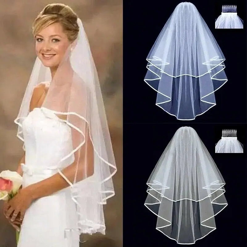 

Short Tulle Wedding Veils Two Layer With Comb White Ivory Bridal Veil for Bride