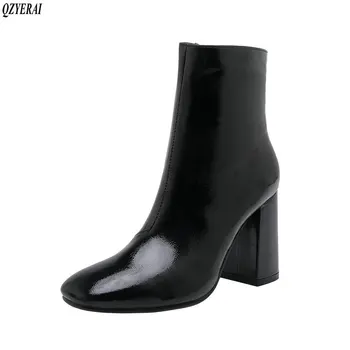 

Western Punk Autumn Winter Chunky High Heel Black Leather Square Toe Fashion Shoes Women 2019 Ankle Cowboy Boots For Women