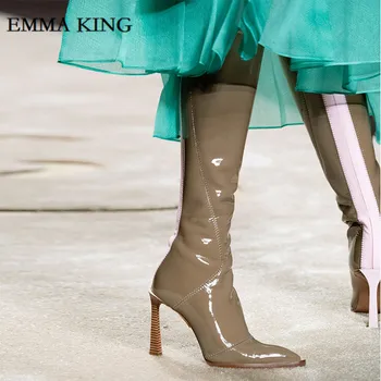 

Women Patent Leather Knee High Boots Feminina Luxury High Heels Boots Party Booties Knee Bottes 2020 Autumn Spring Boots