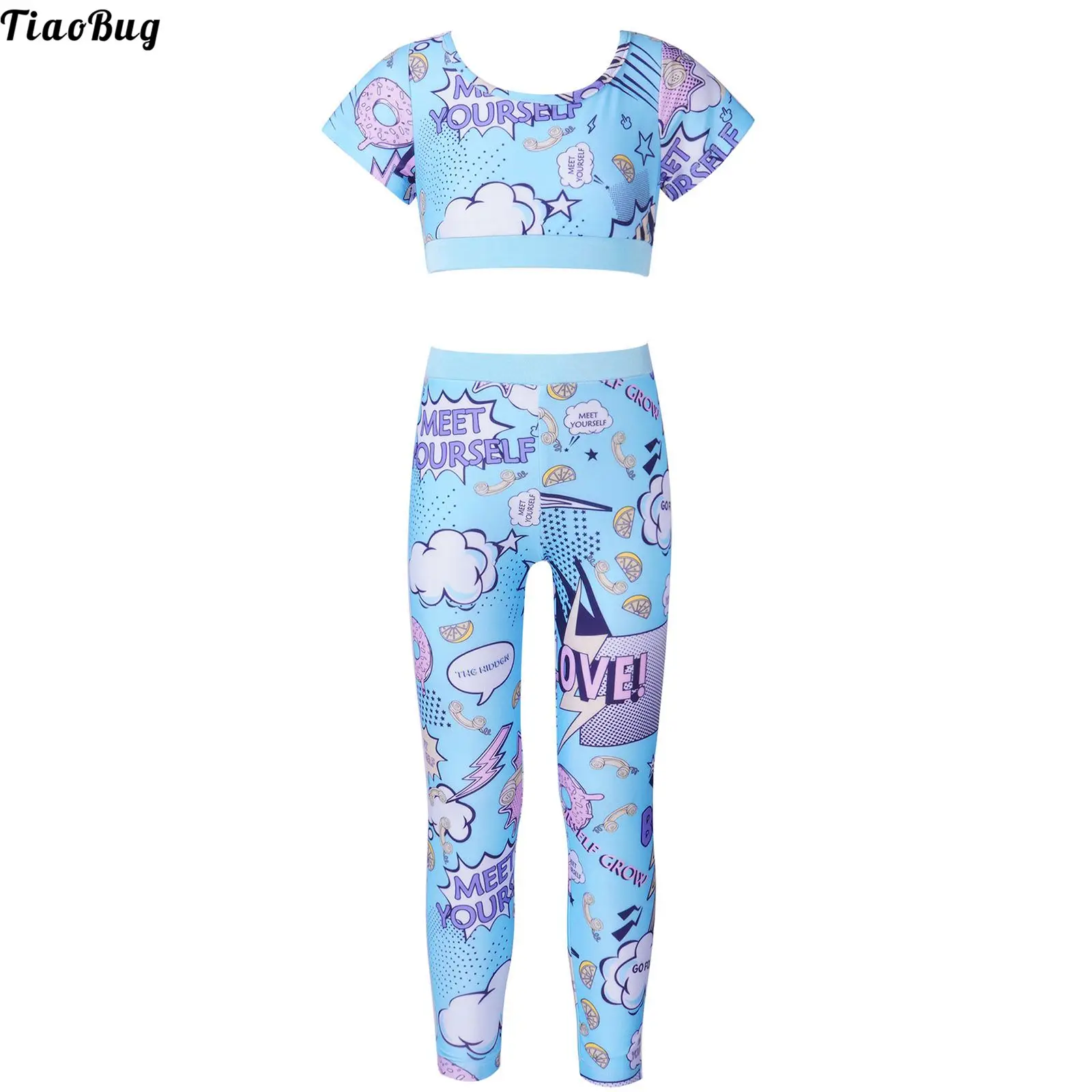 

TiaoBug 2Pcs Kids Girls Sport Suit Round Neck Short Sleeves Keyhole Back Crop Tops And High Waist Pants Set For Running Gym Yoga