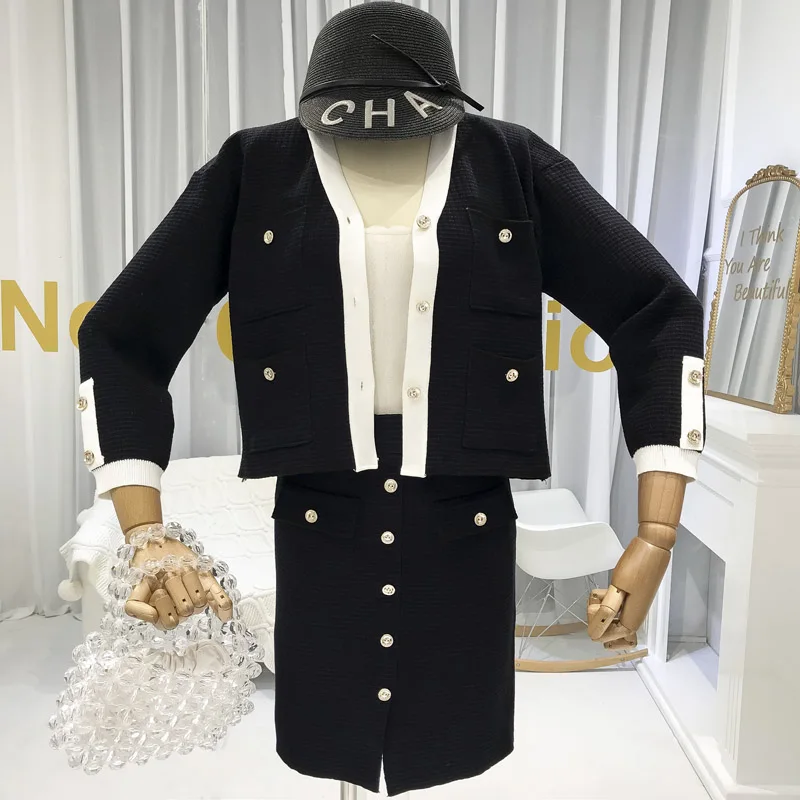 ALPHALMODA французский элегантный вязаный костюм для женщин Ретро карман Вязаный Кардиган Куртка шаг юбка из двух частей Модный комплект