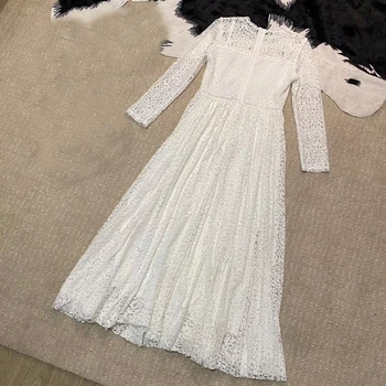 

Elegant O-neck pleated lace white dress women Casual embroidery long dress Autumn winter ladies party dress