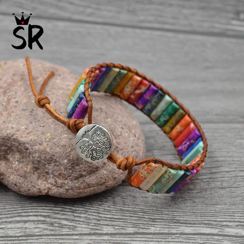 

New Chakra Bracelet Jewelry Handmade Multi Color Natural Stone Tube Beads Leacher Couples Wrap Bracelets Creative Gift for Women