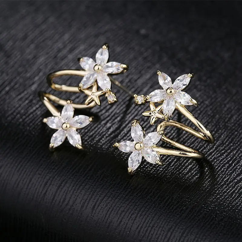 MIGGA Сияющий кубический циркон цветок серьги гвоздики манжеты Золото Цвет CZ Кристалл для женщин вечерние ювелирные изделия в подарок