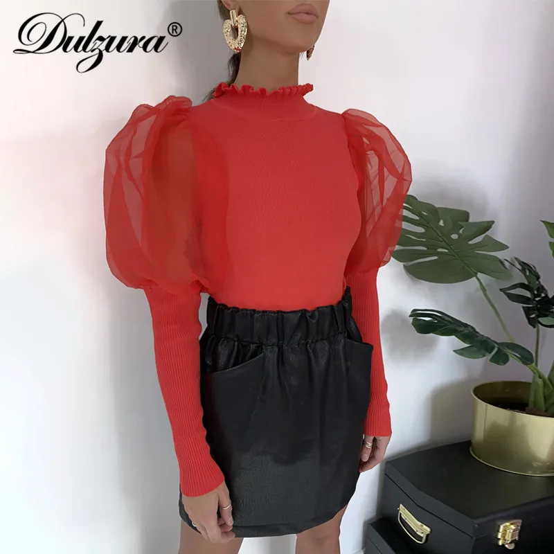 Dulzura women blouse shirts ruffles ribbed mesh elegant long puff sleeve turtleneck autumn winter party clothes office OL