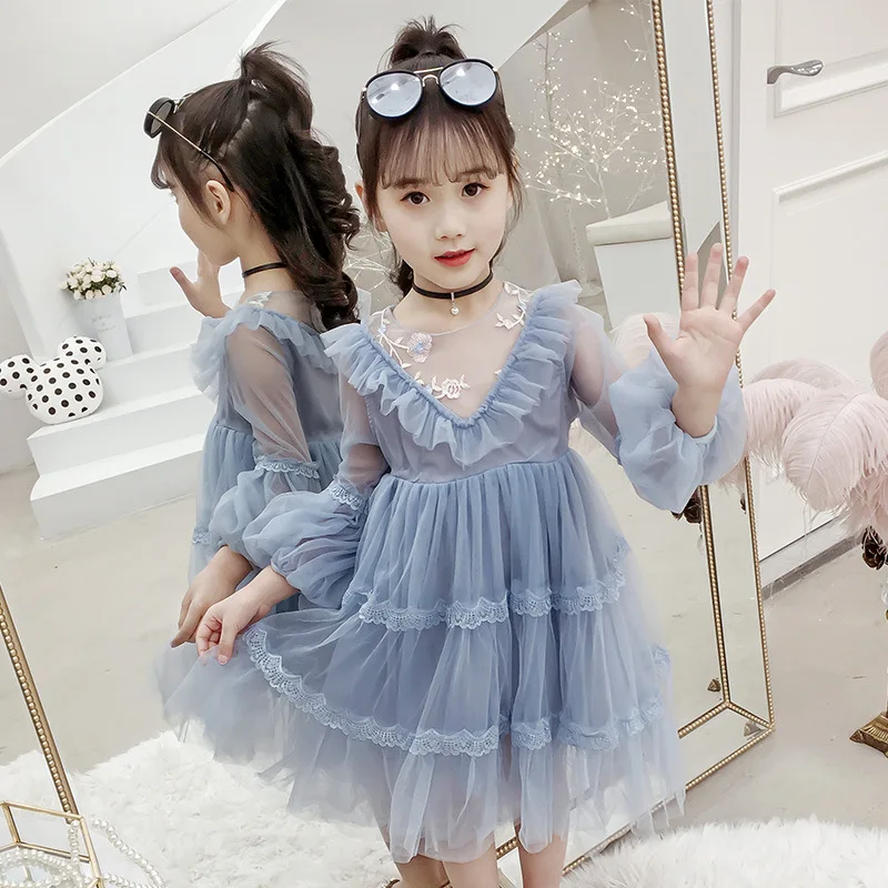 

Girls Dress 2019 New Style Korean-style Spring Clothing Children Large Childrenswear V-neck Mesh Dress Princess Dress