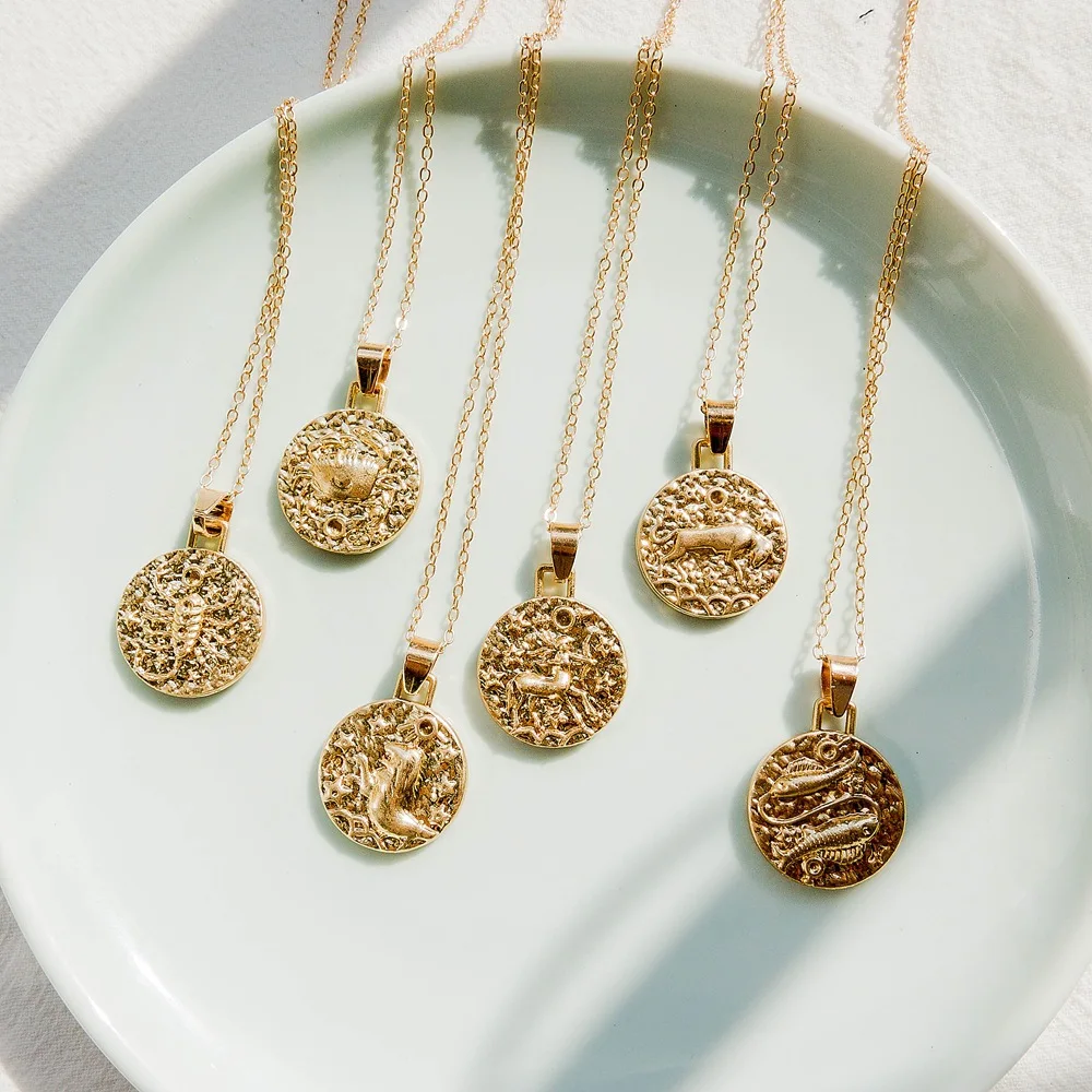 

Gold Color 12 Constellation Coins Necklaces & Pendants Women Virgo Taurus Leo Short Chain Necklace Girls Gemini Celestial A376